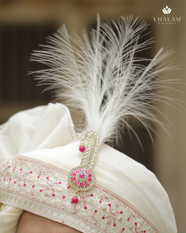Ivory Wedding Turban with Pink Embroidery & Brooch