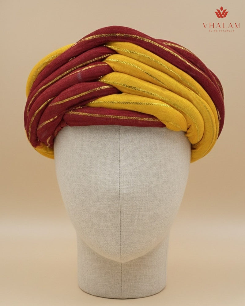 Traditional Maroon & Mustard Yellow Dual-Tone Rajasthani Pagdi