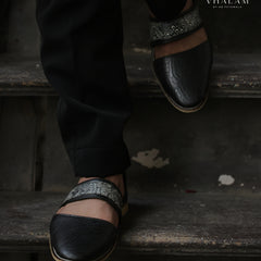 Handmade Black Printed Raxine Sandle-Style Groom Jutti