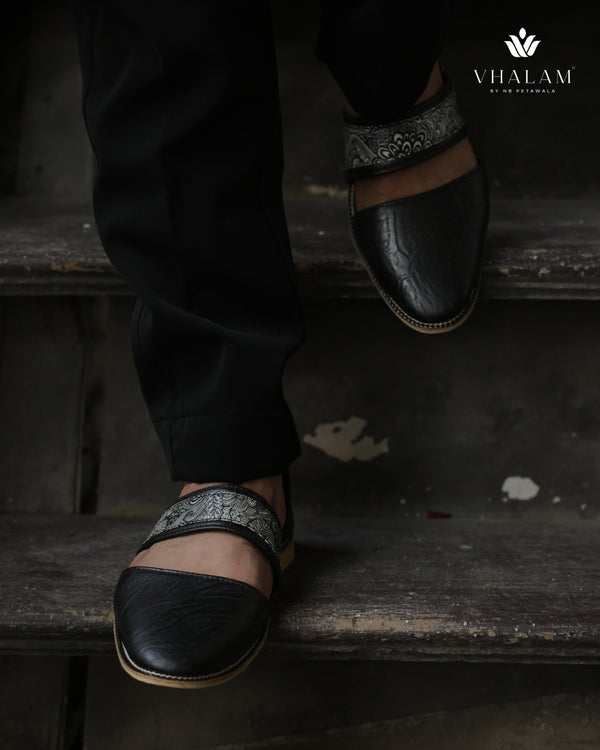 Handmade Black Printed Raxine Sandle-Style Groom Jutti
