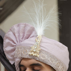 Royal Light Purple Wedding Pagdi with Pearl Brooch & Feather