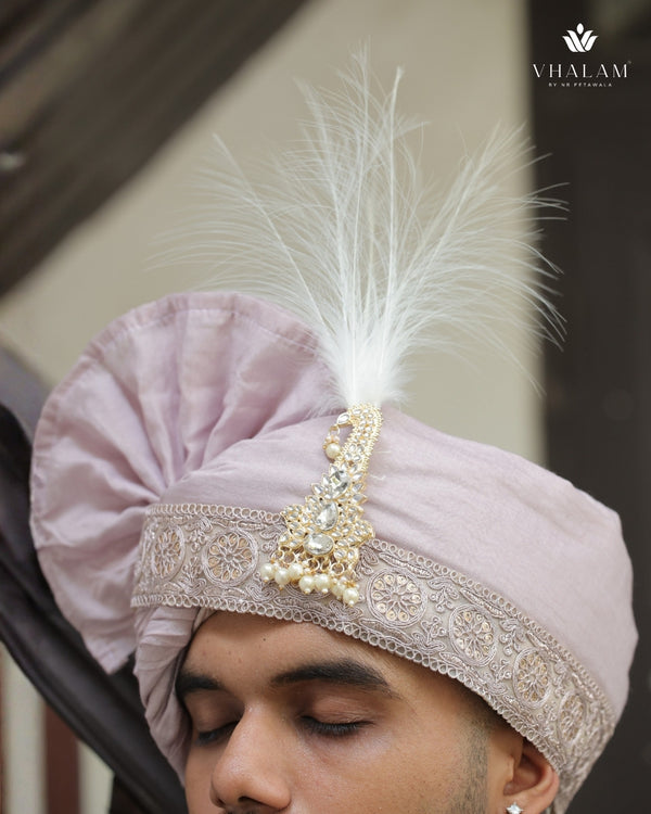 Royal Light Purple Wedding Pagdi with Pearl Brooch & Feather