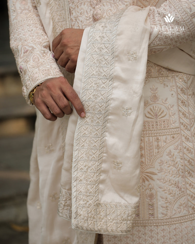 Classic Off-White Wedding Shawl with Intricate Thread Work