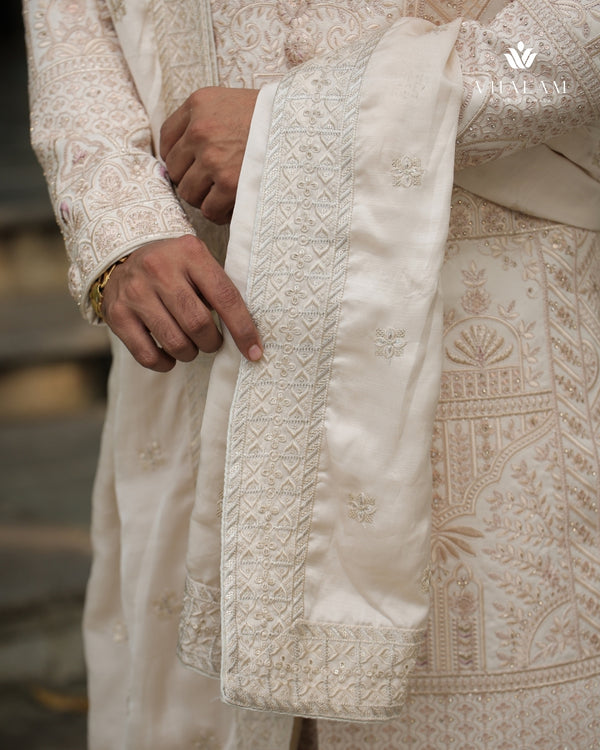 Classic Off-White Wedding Shawl with Intricate Thread Work