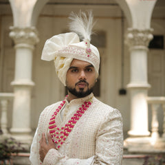 Ivory Wedding Turban with Pink Embroidery & Brooch