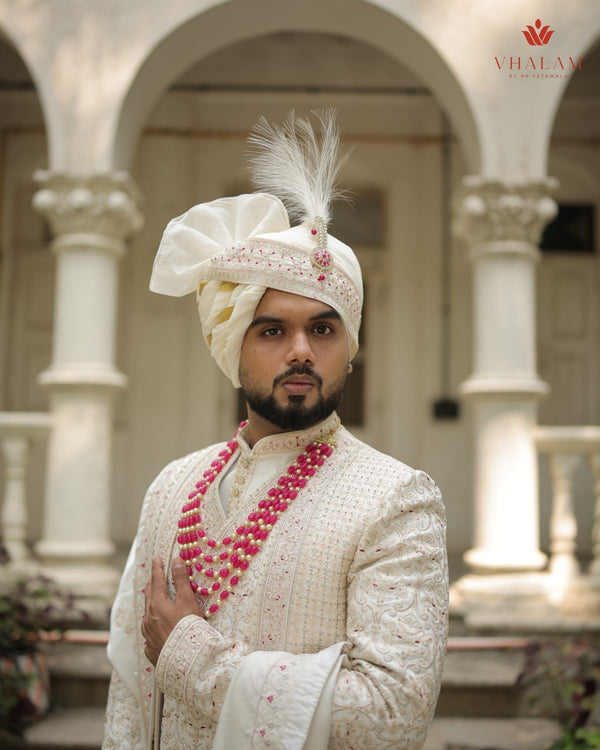 Ivory Wedding Turban with Pink Embroidery & Brooch