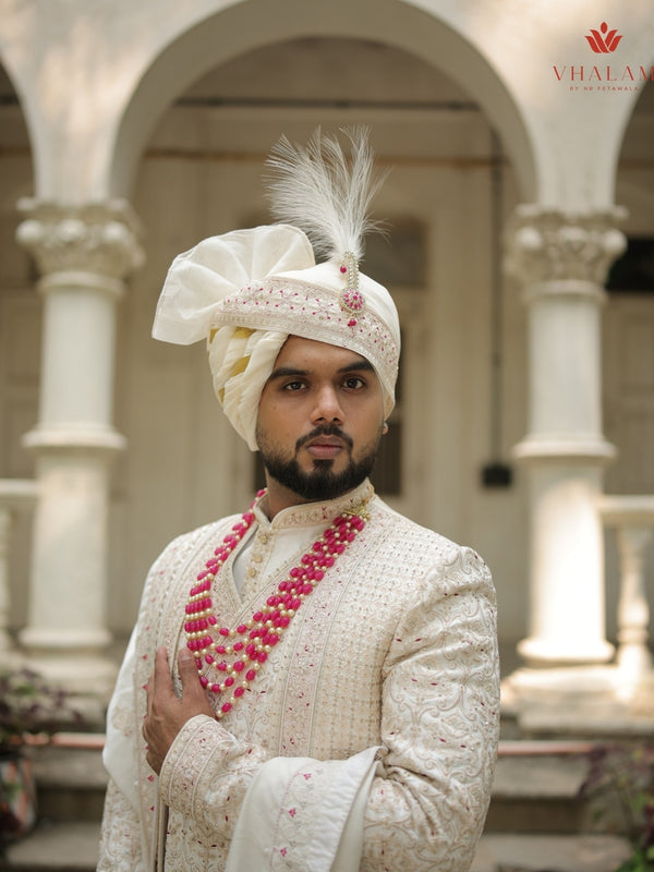 Ivory Wedding Turban with Pink Embroidery & Brooch