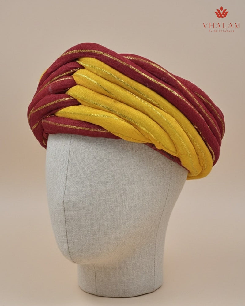 Traditional Maroon & Mustard Yellow Dual-Tone Rajasthani Pagdi