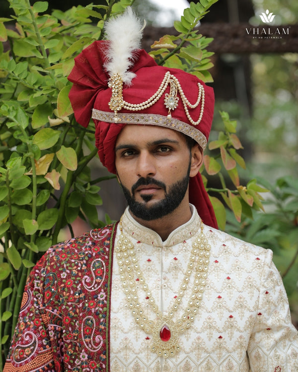 Elegant Maroon Wedding Pagdi with Pearl Chain brooch
