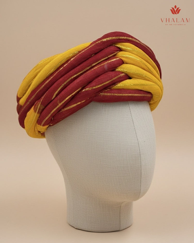 Traditional Maroon & Mustard Yellow Dual-Tone Rajasthani Pagdi