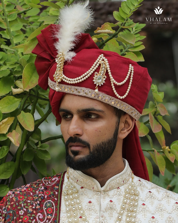 Elegant Maroon Wedding Pagdi with Pearl Chain brooch
