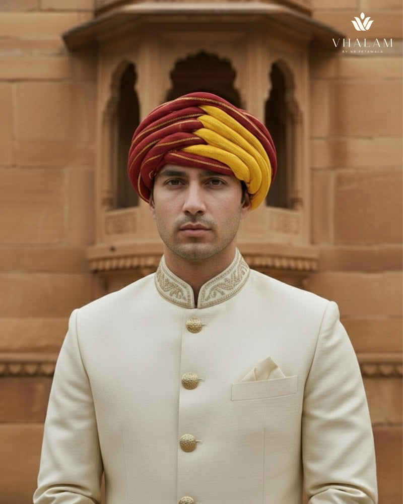 Traditional Maroon & Mustard Yellow Dual-Tone Rajasthani Pagdi