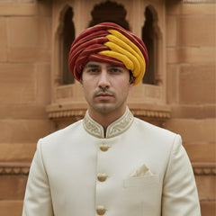 Traditional Maroon & Mustard Yellow Dual-Tone Rajasthani Pagdi