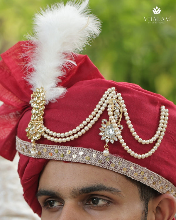 Elegant Maroon Wedding Pagdi with Pearl Chain brooch