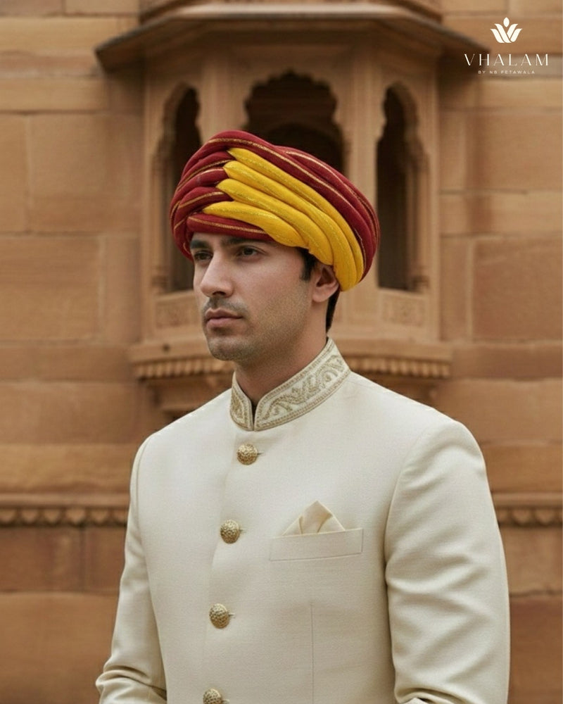 Traditional Maroon & Mustard Yellow Dual-Tone Rajasthani Pagdi