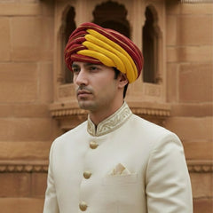 Traditional Maroon & Mustard Yellow Dual-Tone Rajasthani Pagdi