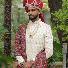 Elegant Maroon Wedding Pagdi with Pearl Chain brooch