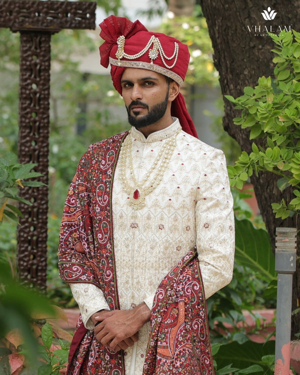 Elegant Maroon Wedding Pagdi with Pearl Chain brooch
