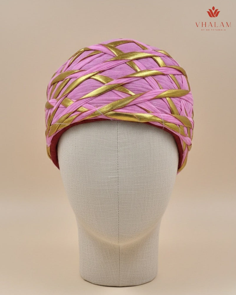 Festive Pink & Gold Criss-Cross Striped Rajasthani Pagdi