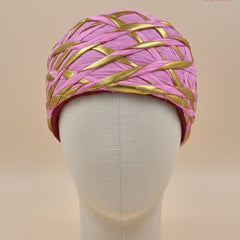 Festive Pink & Gold Criss-Cross Striped Rajasthani Pagdi