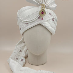 White Embroidered Groom Turban with Pink Brooch