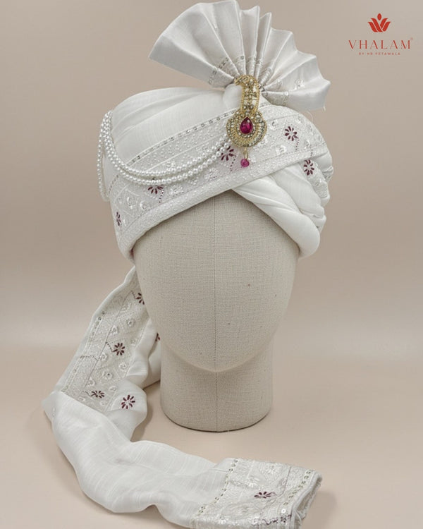 White Embroidered Groom Turban with Pink Brooch