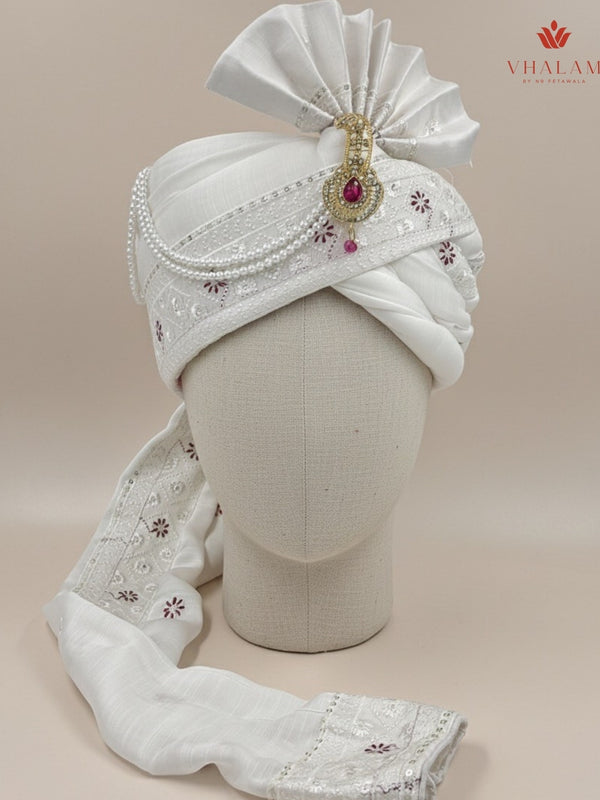 White Embroidered Groom Turban with Pink Brooch