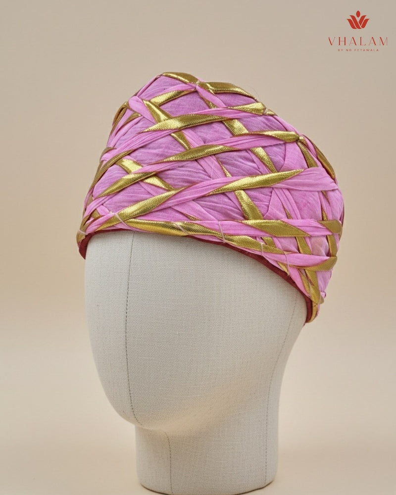 Festive Pink & Gold Criss-Cross Striped Rajasthani Pagdi