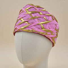 Festive Pink & Gold Criss-Cross Striped Rajasthani Pagdi