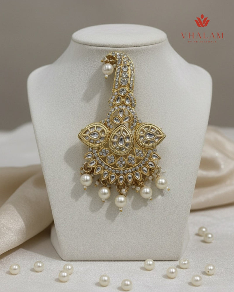 Royal Gold and White Kundan Pearl Turban Brooch