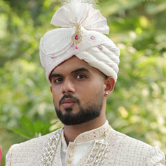 White Embroidered Groom Turban with Pink Brooch