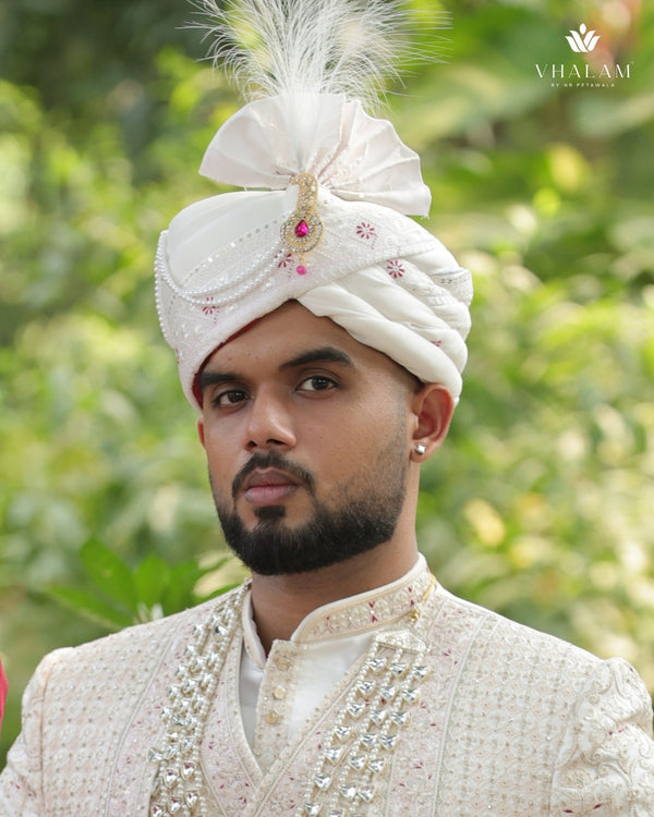 White Embroidered Groom Turban with Pink Brooch