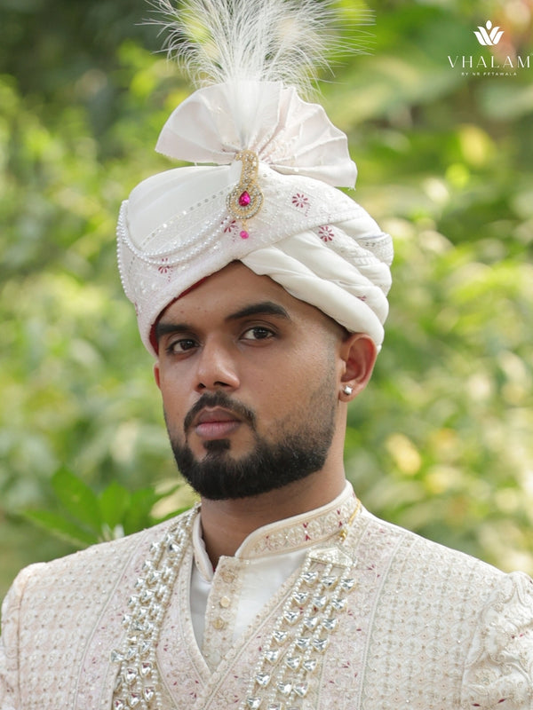 White Embroidered Groom Turban with Pink Brooch