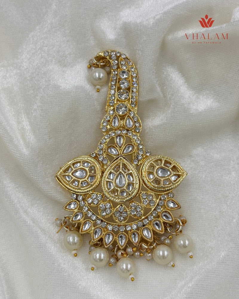 Royal Gold and White Kundan Pearl Turban Brooch