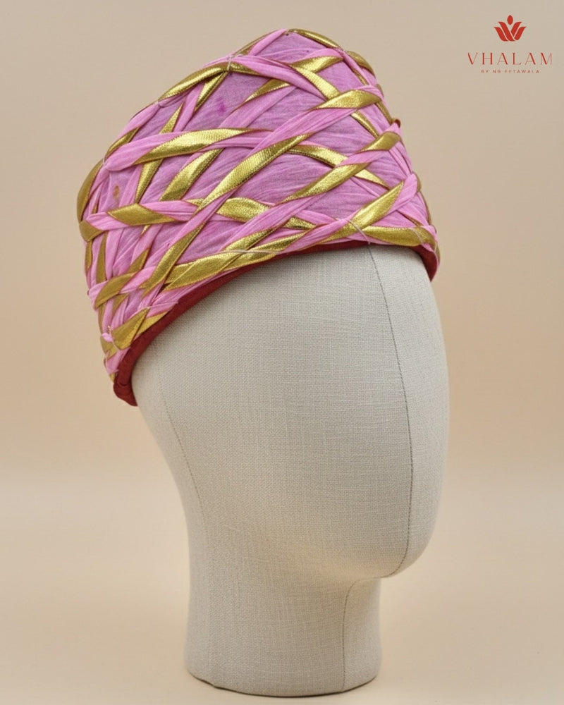 Festive Pink & Gold Criss-Cross Striped Rajasthani Pagdi