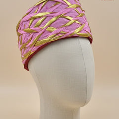 Festive Pink & Gold Criss-Cross Striped Rajasthani Pagdi
