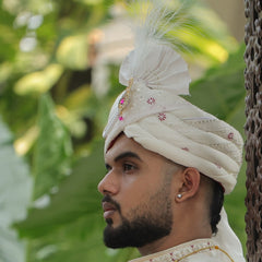 White Embroidered Groom Turban with Pink Brooch