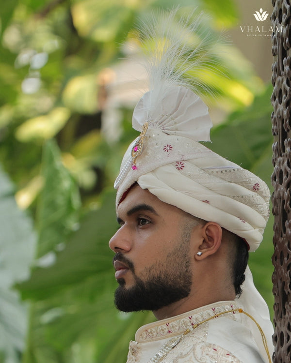White Embroidered Groom Turban with Pink Brooch