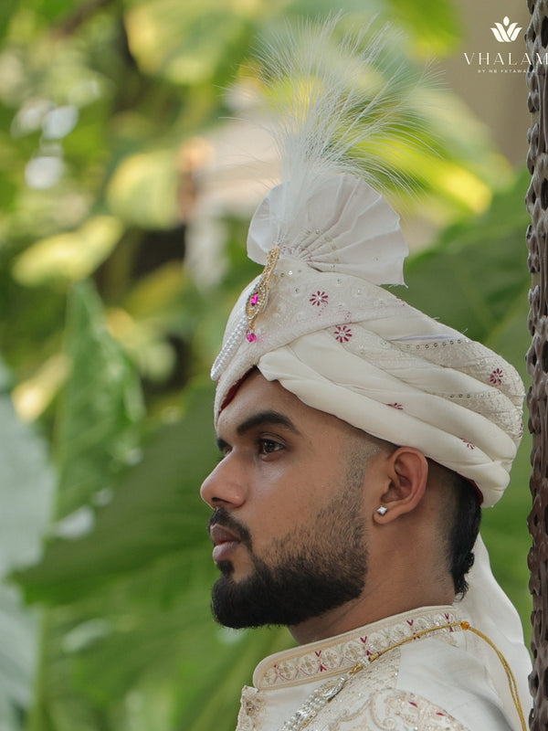 White Embroidered Groom Turban with Pink Brooch
