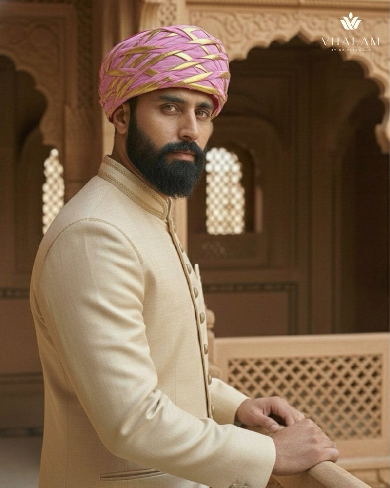 Festive Pink & Gold Criss-Cross Striped Rajasthani Pagdi