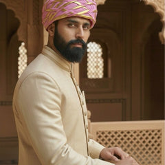 Festive Pink & Gold Criss-Cross Striped Rajasthani Pagdi