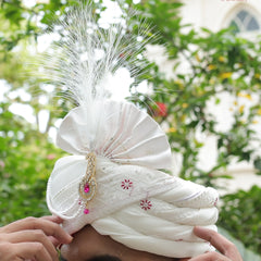 White Embroidered Groom Turban with Pink Brooch