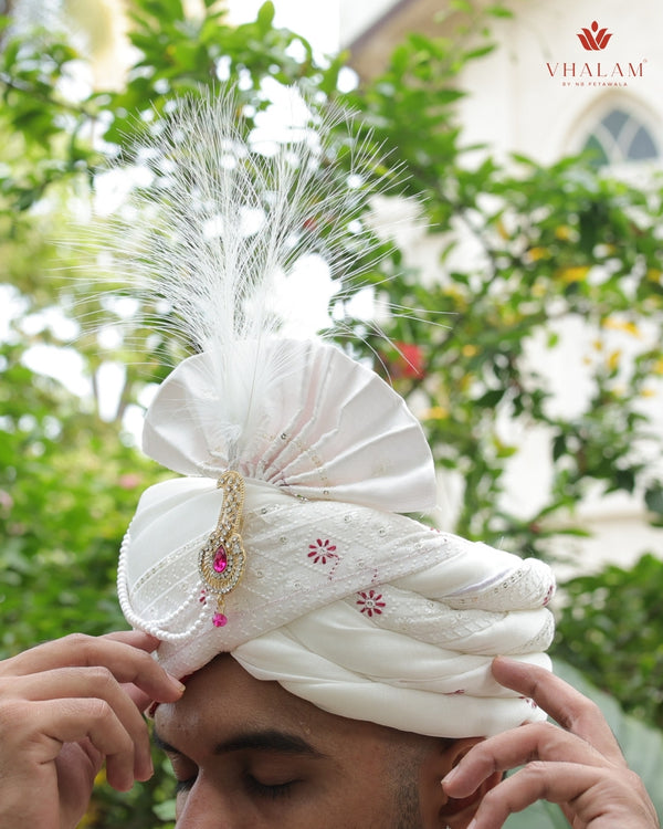 White Embroidered Groom Turban with Pink Brooch