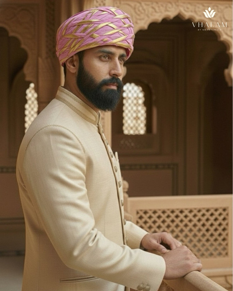 Festive Pink & Gold Criss-Cross Striped Rajasthani Pagdi