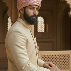 Festive Pink & Gold Criss-Cross Striped Rajasthani Pagdi