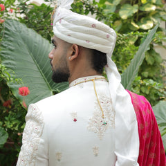 White Embroidered Groom Turban with Pink Brooch