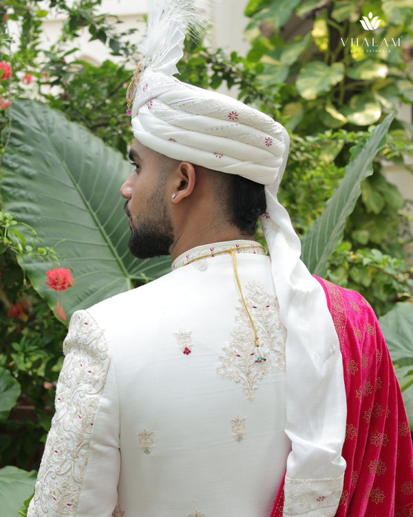 White Embroidered Groom Turban with Pink Brooch
