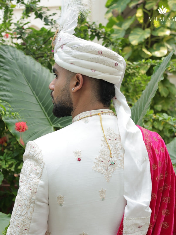 White Embroidered Groom Turban with Pink Brooch