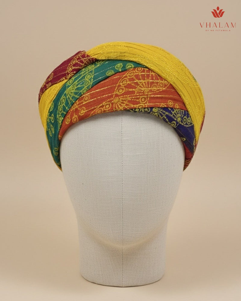 Traditional Tri-Color Gold Foil Printed Rajasthani Pagdi
