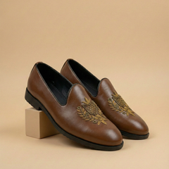 Antique Tan Coloured Mojdi-Style Shoe with Elegant Hand Embroidery